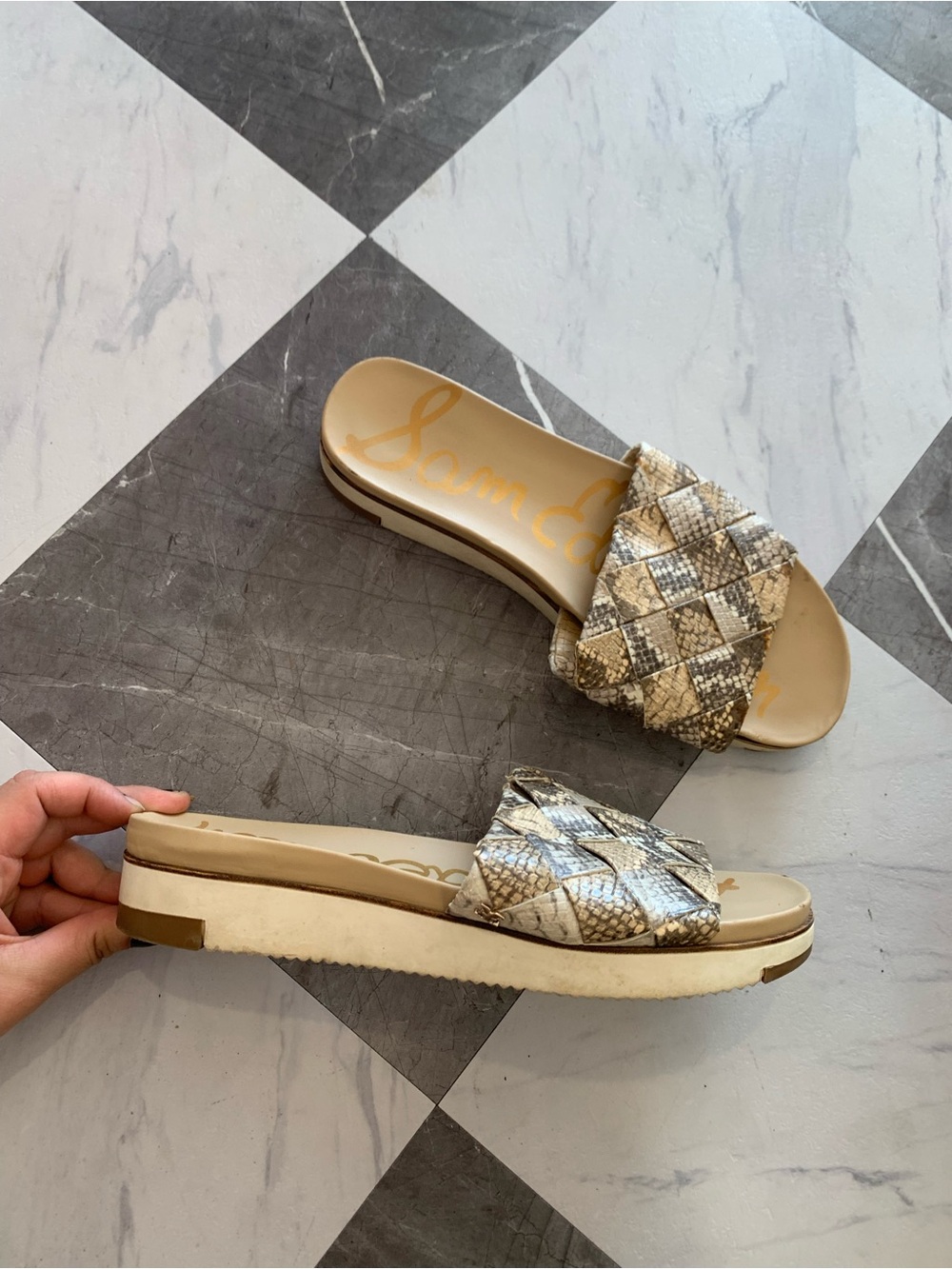 Sam Edelman Woven Snake-Print Slide Sandals in Beige and Taupe - Picture 3 of 6